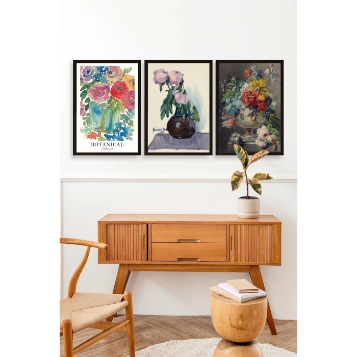 Çiçek Üçlü Ahşap Çerçeveli Tablo 40 x 60
