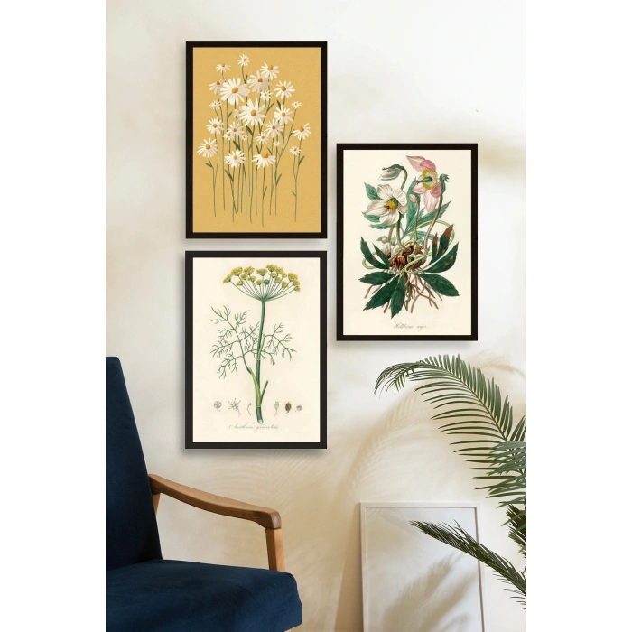 Çiçek Üçlü Ahşap Çerçeveli Tablo 40 x 60