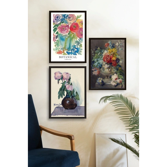 Çiçek Üçlü Ahşap Çerçeveli Tablo 40 x 60