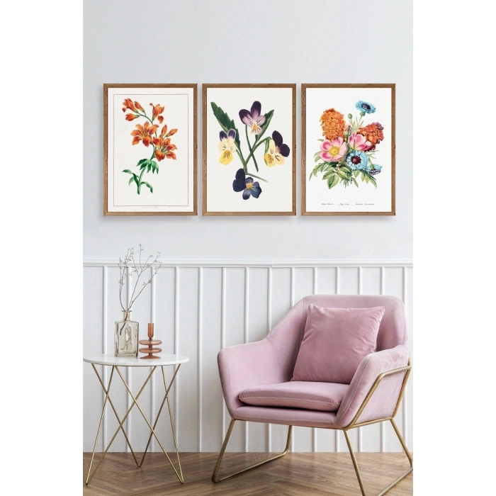 Çiçek Üçlü Ahşap Çerçeveli Tablo 50 x 70