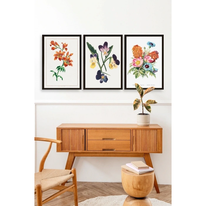 Çiçek Üçlü Ahşap Çerçeveli Tablo 50 x 70
