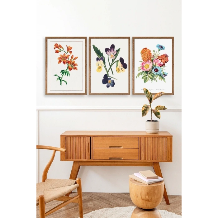 Çiçek Üçlü Ahşap Çerçeveli Tablo 50 x 70