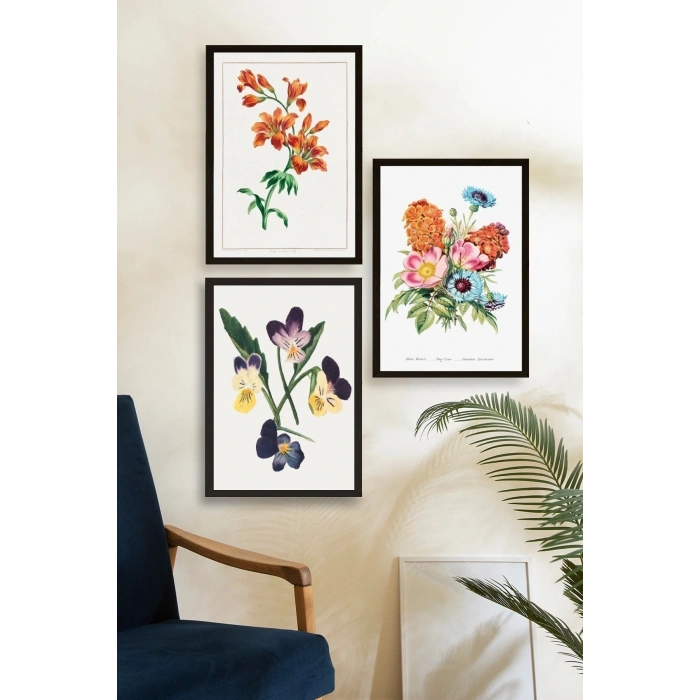 Çiçek Üçlü Ahşap Çerçeveli Tablo 50 x 70