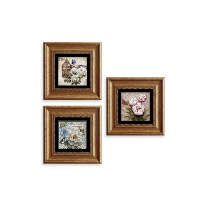 Çiçekler 3 lü Set Çerçeveli Taş Tablo 20 cm