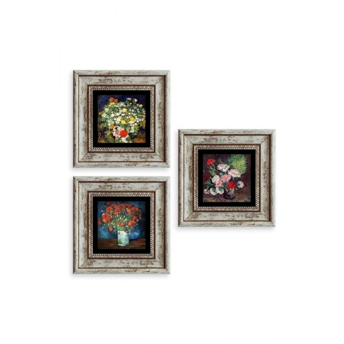 Çiçekler 3 lü Set Çerçeveli Taş Tablo 20 cm