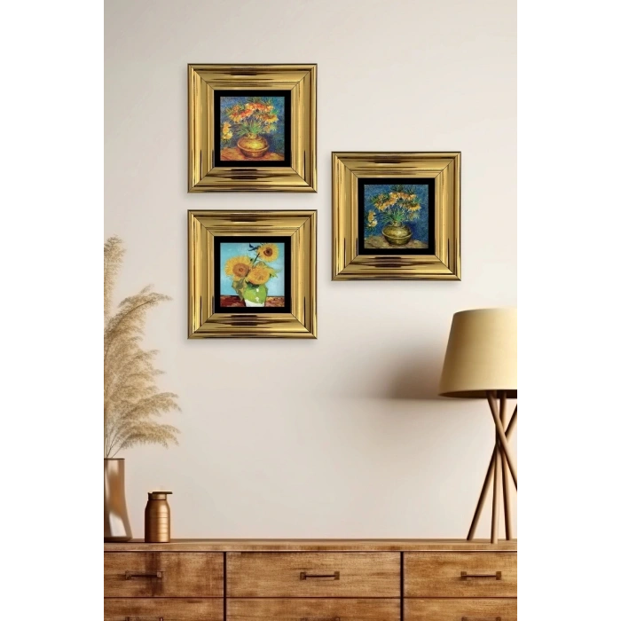Çiçekler 3 lü Set Çerçeveli Taş Tablo 20 cm