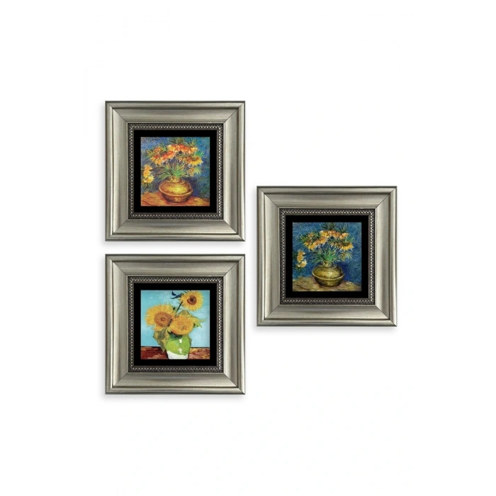 Çiçekler 3 lü Set Çerçeveli Taş Tablo 20 cm