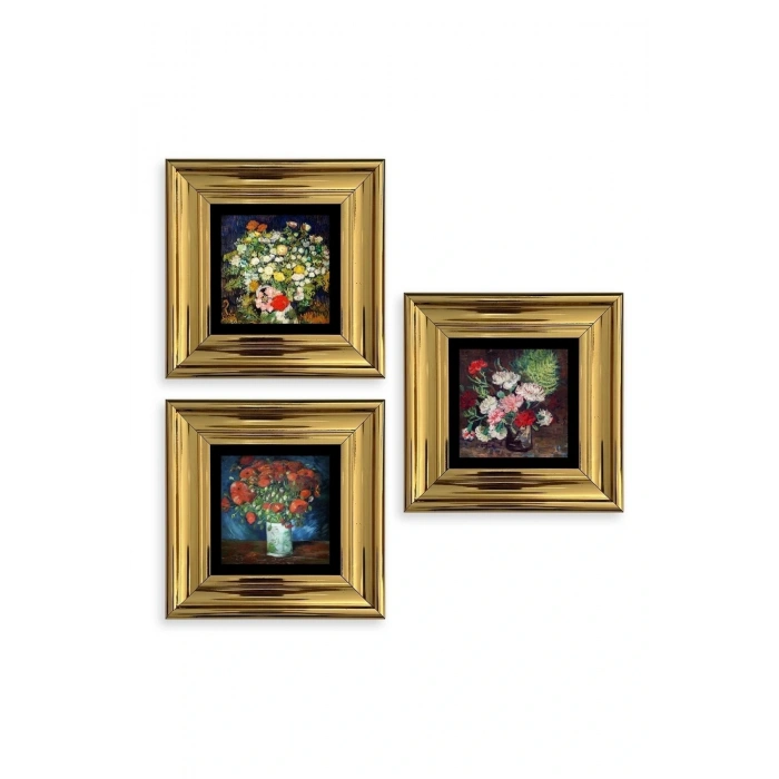 Çiçekler 3 lü Set Çerçeveli Taş Tablo 20 cm