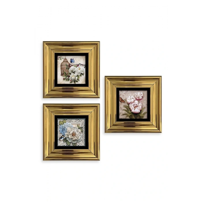 Çiçekler 3 lü Set Çerçeveli Taş Tablo 20 cm
