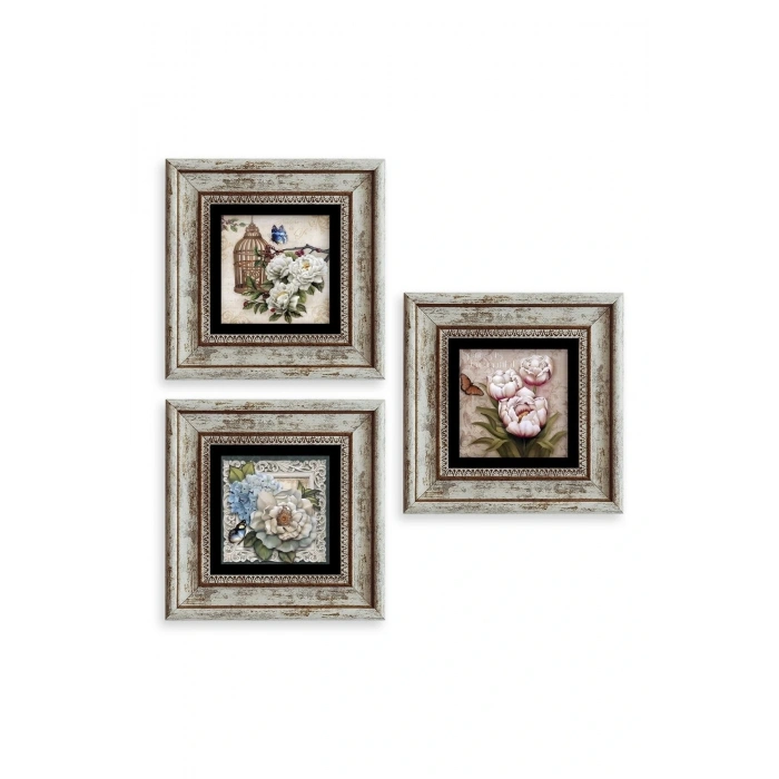 Çiçekler 3 lü Set Çerçeveli Taş Tablo 20 cm