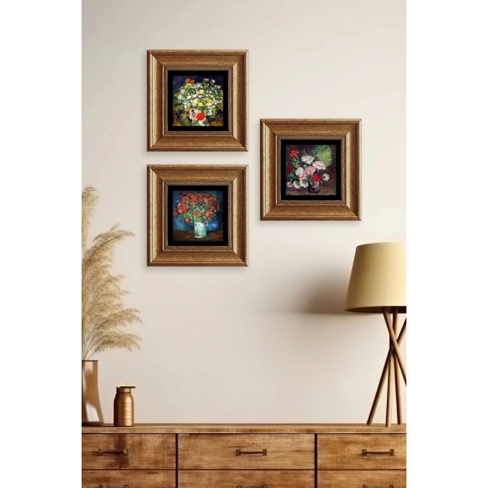 Çiçekler 3 lü Set Çerçeveli Taş Tablo 20 cm