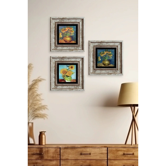 Çiçekler 3 lü Set Çerçeveli Taş Tablo 20 cm