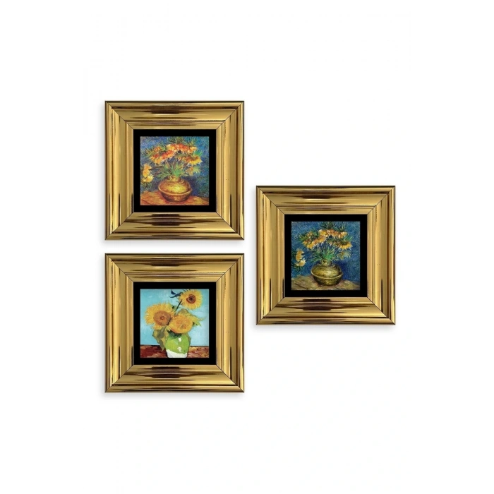 Çiçekler 3 lü Set Çerçeveli Taş Tablo 20 cm