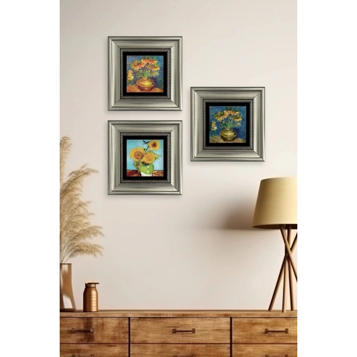 Çiçekler 3 lü Set Çerçeveli Taş Tablo 20 cm