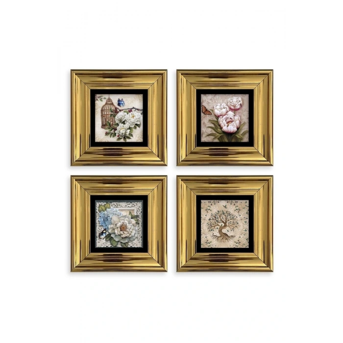 Çiçekler 4 lü Set Çerçeveli Taş Tablo 20 cm