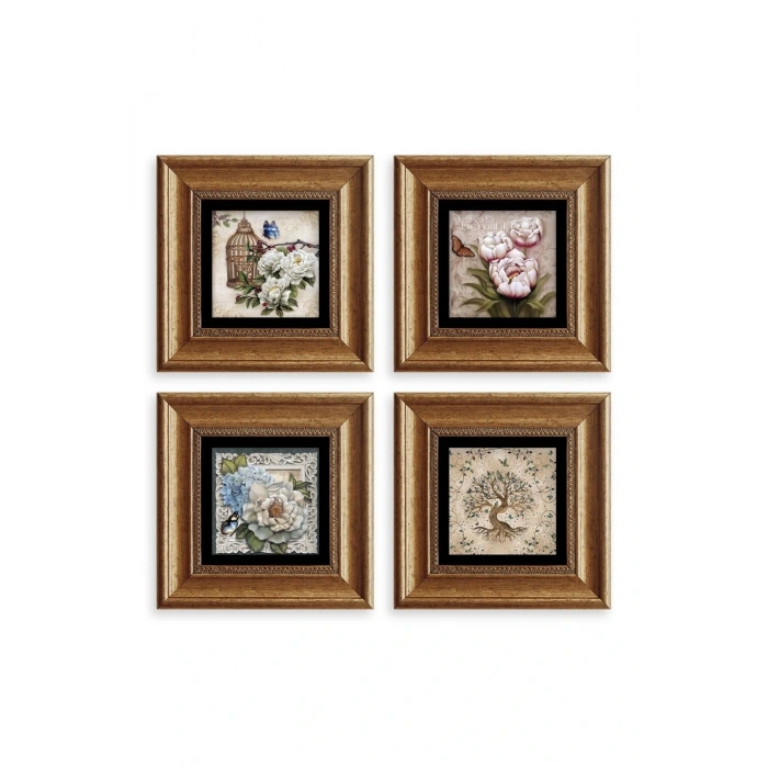 Çiçekler 4 lü Set Çerçeveli Taş Tablo 20 cm