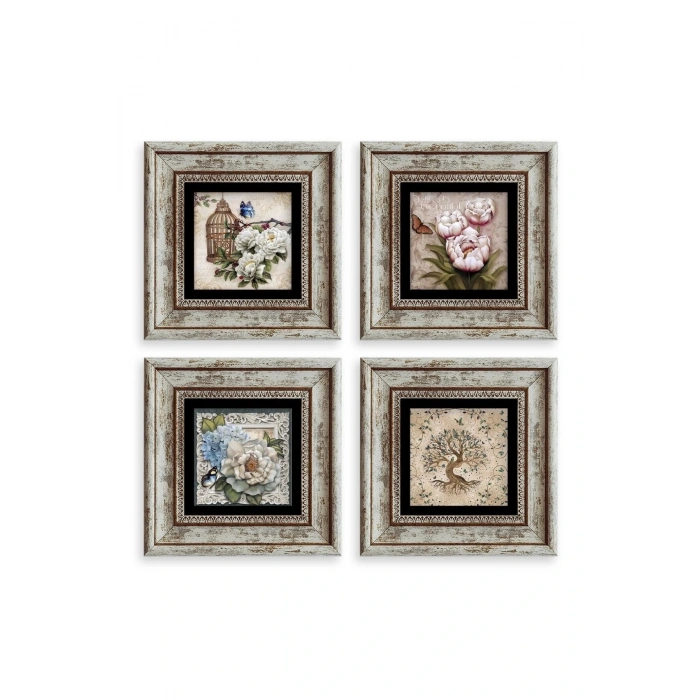 Çiçekler 4 lü Set Çerçeveli Taş Tablo 20 cm