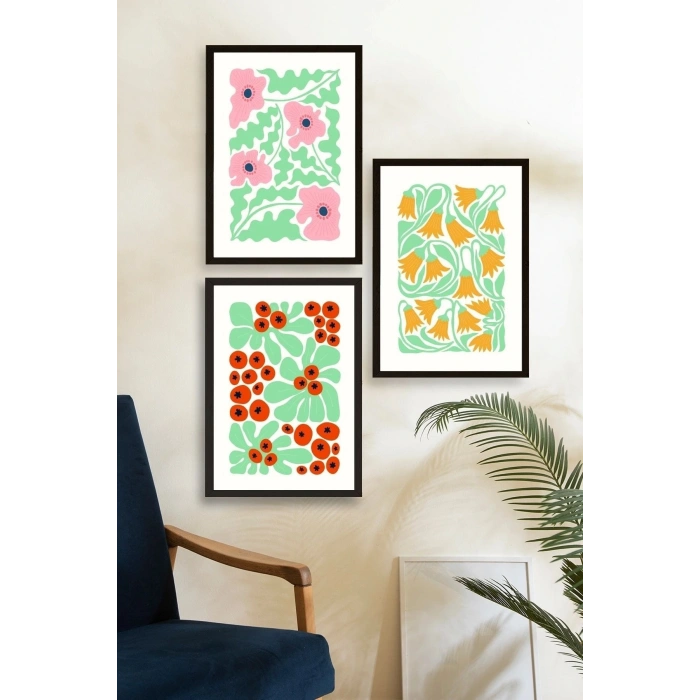 Çiçekler Üçlü Ahşap Çerçeveli Tablo 23 x 30