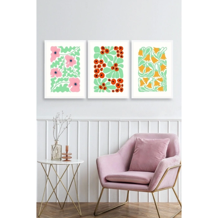 Çiçekler Üçlü Ahşap Çerçeveli Tablo 23 x 30