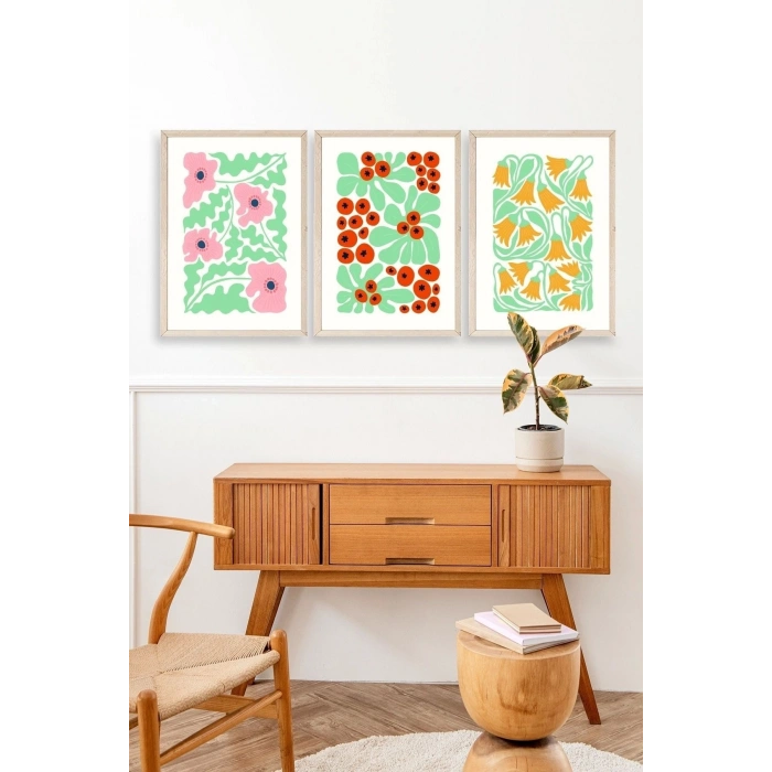 Çiçekler Üçlü Ahşap Çerçeveli Tablo 23 x 30