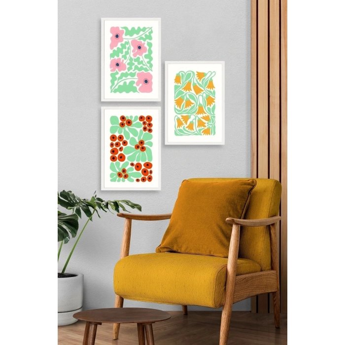 Çiçekler Üçlü Ahşap Çerçeveli Tablo 30 x 40