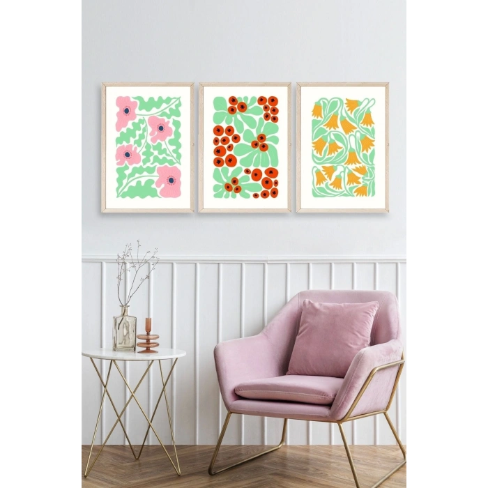 Çiçekler Üçlü Ahşap Çerçeveli Tablo 40 x 60