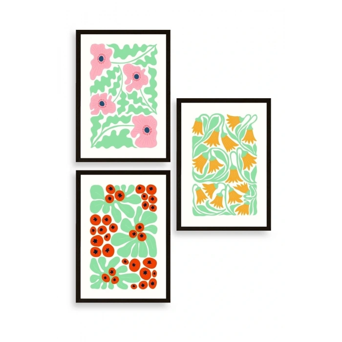 Çiçekler Üçlü Ahşap Çerçeveli Tablo 50 x 70