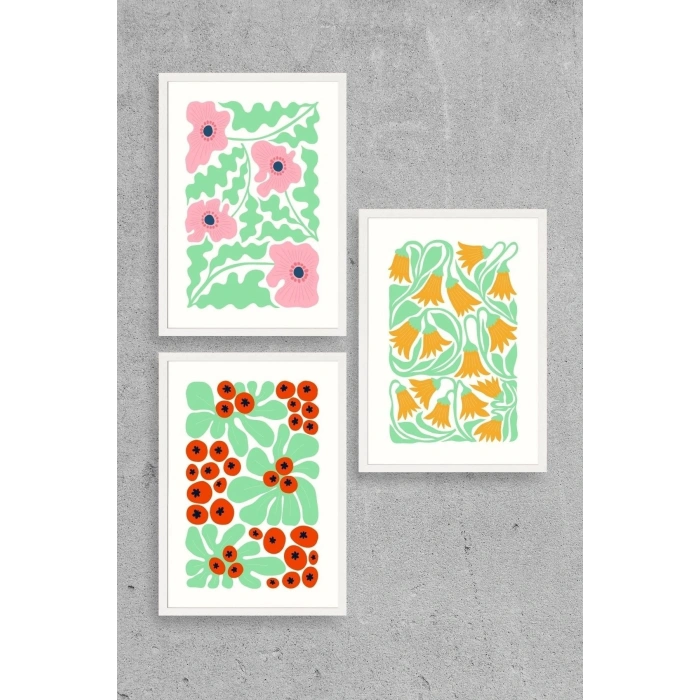 Çiçekler Üçlü Ahşap Çerçeveli Tablo 50 x 70