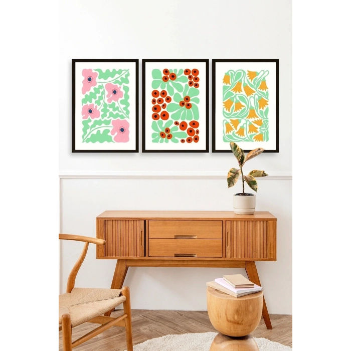 Çiçekler Üçlü Ahşap Çerçeveli Tablo 50 x 70