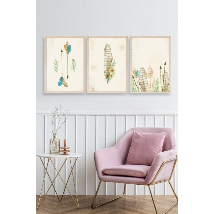 Çiçekli Desenler Üçlü Ahşap Çerçeveli Tablo 17 x 23