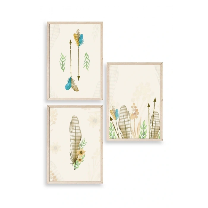 Çiçekli Desenler Üçlü Ahşap Çerçeveli Tablo 23 x 30