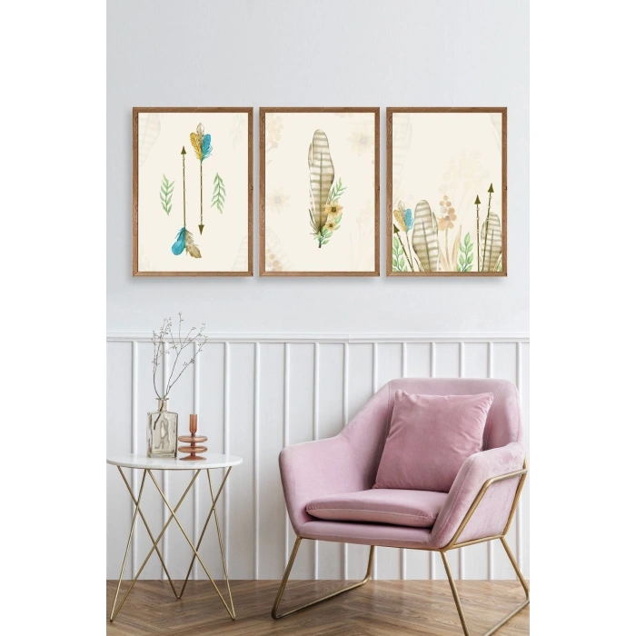 Çiçekli Desenler Üçlü Ahşap Çerçeveli Tablo 23 x 30