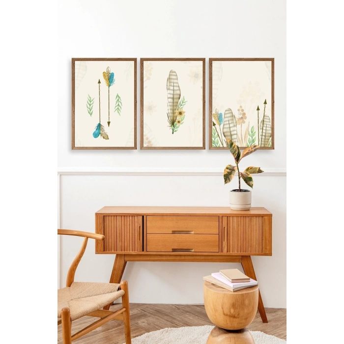 Çiçekli Desenler Üçlü Ahşap Çerçeveli Tablo 50 x 70