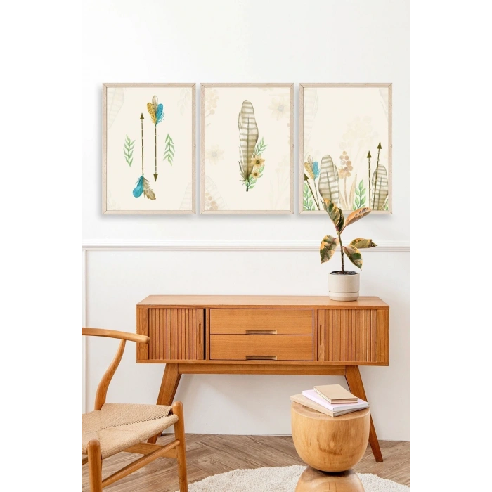 Çiçekli Desenler Üçlü Ahşap Çerçeveli Tablo 50 x 70