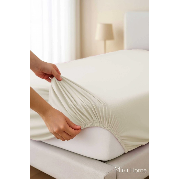 Çift Kişilik Düz Penye  %100 Pamuklu Lastikli Çarşaf 180X200 Newsheet Ekru