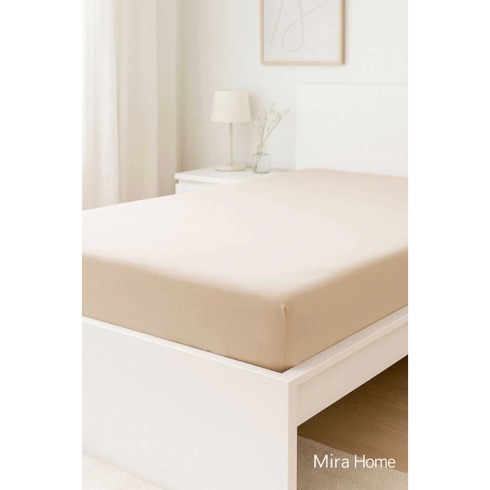 Çift Kişilik Düz Penye  %100 Pamuklu Lastikli Çarşaf 200X200 Cm Battal  Boy Newsheet Bej