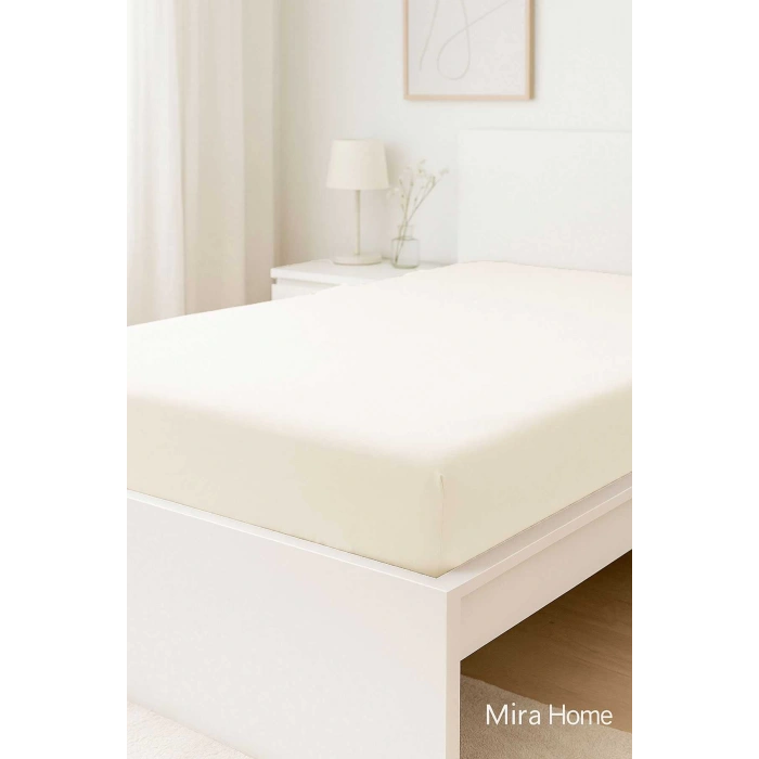 Çift Kişilik Düz Penye  %100 Pamuklu Lastikli Çarşaf 200X200 Cm Battal  Boy Newsheet Ekru