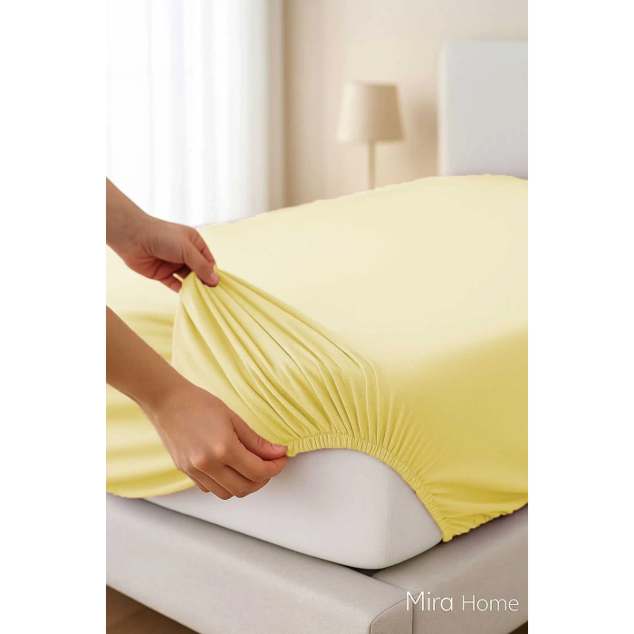 Çift Kişilik Düz Penye  %100 Pamuklu Lastikli Çarşaf 200X200 Cm Battal  Boy Newsheet Sarı