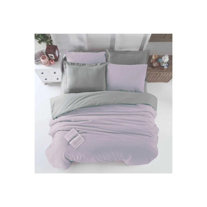 Double Bed Fitted Sheet Duvet Cover Set Cotton Four Season Lilac Grey