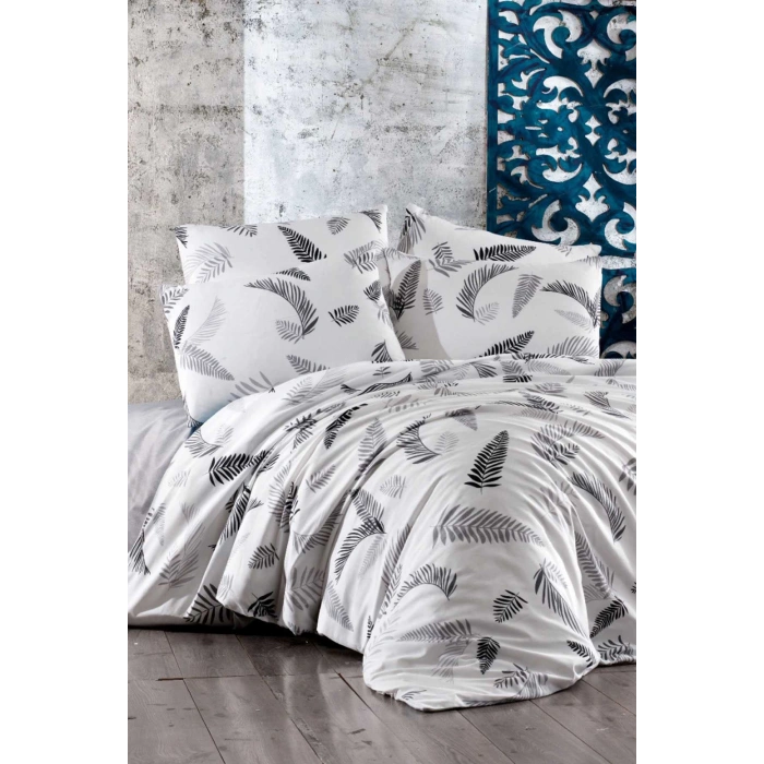 Çift Kişilik Lastikli Çarşaflı Pamuklu Nevresim Takımı Gray Leaf