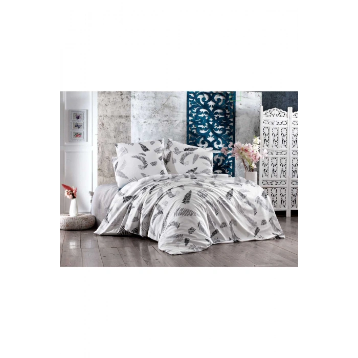 Çift Kişilik Lastikli Çarşaflı Pamuklu Nevresim Takımı Gray Leaf