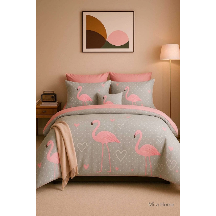 Çift Kişilik Pamuklu Nevresim Takımı Flamingo Love