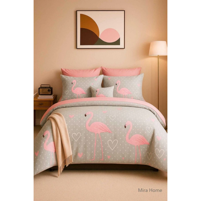 Çift Kişilik Pamuklu Nevresim Takımı Flamingo Love
