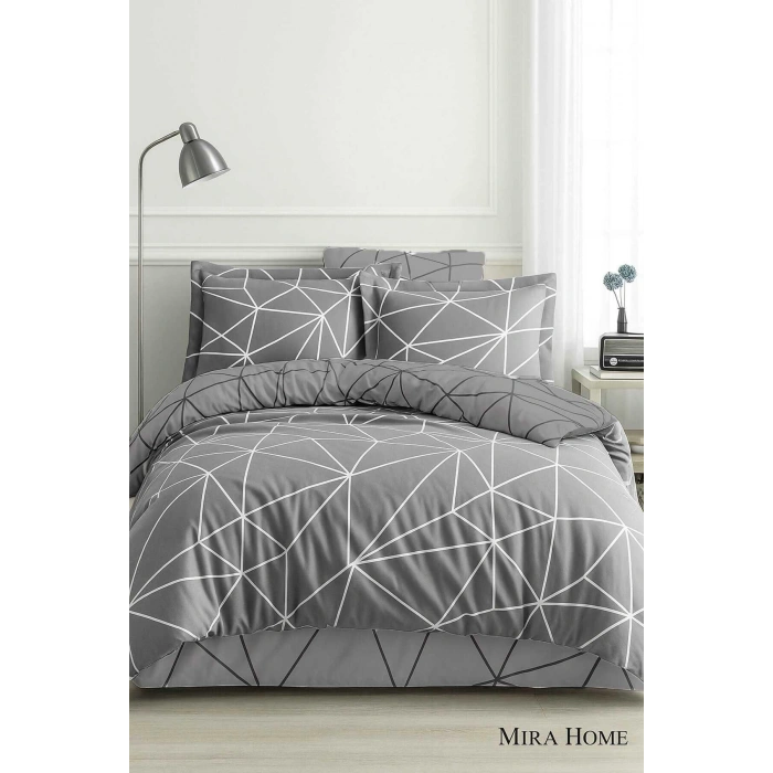 Çift Kişilik Pamuklu Nevresim Takımı Geo Line Gri