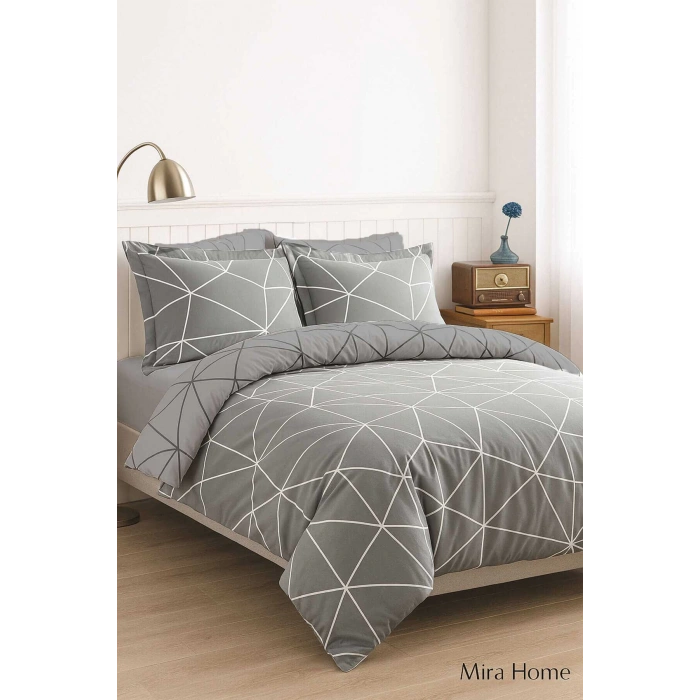 Çift Kişilik Pamuklu Nevresim Takımı Geo Line Gri