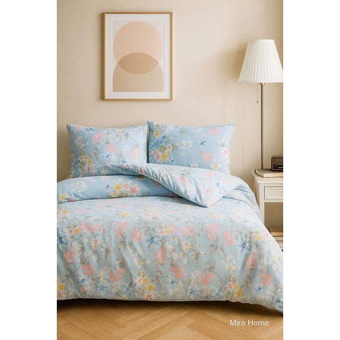 Çift Kişilik Pamuklu Nevresim Takımı Mavi Çiçek Desenli