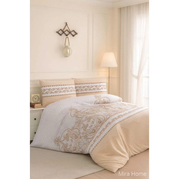 Çift Kişilik Pamuklu Nevresim Takımı Sarmaşık Bej