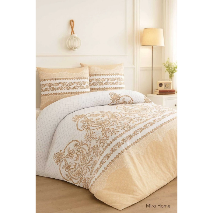 Çift Kişilik Pamuklu Nevresim Takımı Sarmaşık Bej