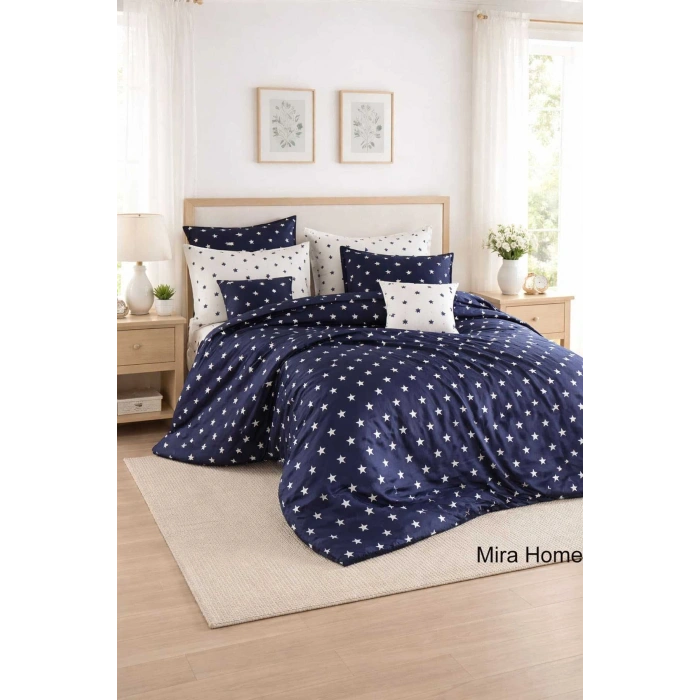 Çift Kişilik Yıldız Desenli Nevresim Takımı Pamuklu Lacivert/Beyaz