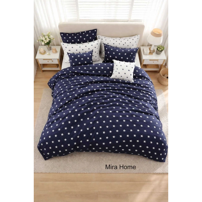 Çift Kişilik Yıldız Desenli Nevresim Takımı Pamuklu Lacivert/Beyaz